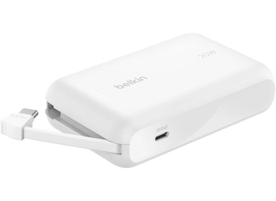 Belkin BoostCharge power bank 10000mAh, portable power bank with integrated cable PD 20W, fast charge USB-C power delivery, power bank fast charging for iPhone 16 series, iPad Pro, Galaxy S24 and more - White